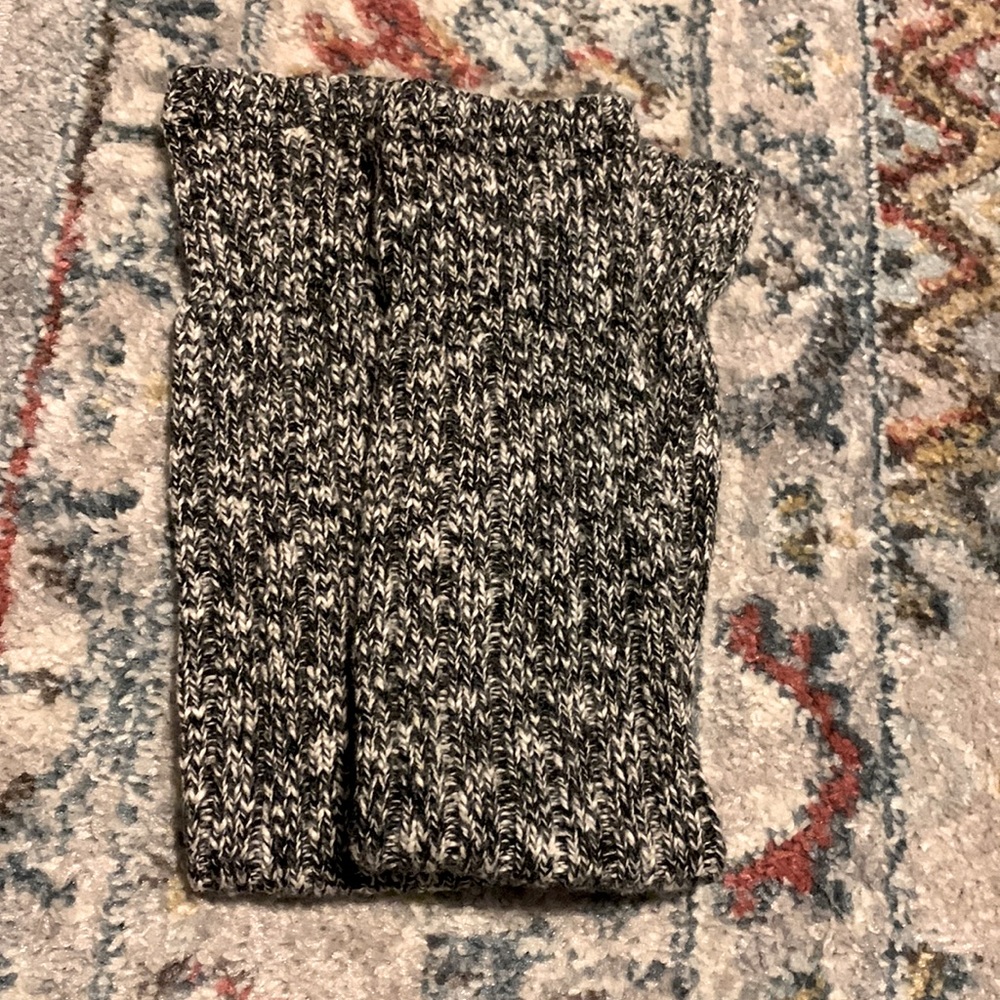 Knee high leg warmers. Black and white heather. Marked knit.